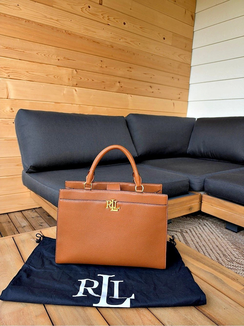 Ralph Lauren Brown Pebbled Leather Satchel With Gold Hardware.